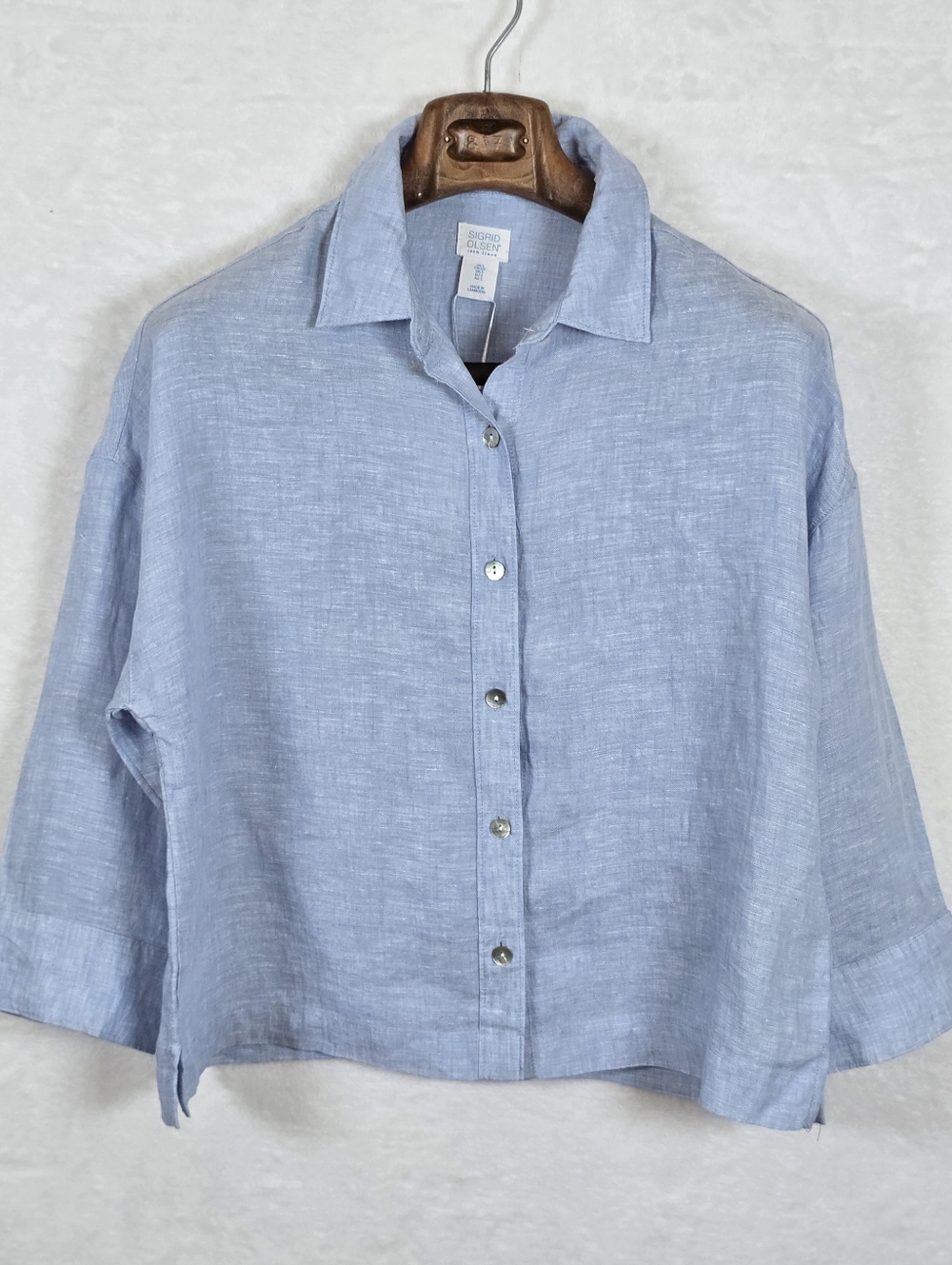 Sigrid Olsen 100% Linen Blue Button Down Blouse 3/4 Sleeve Coastal Relaxed Small